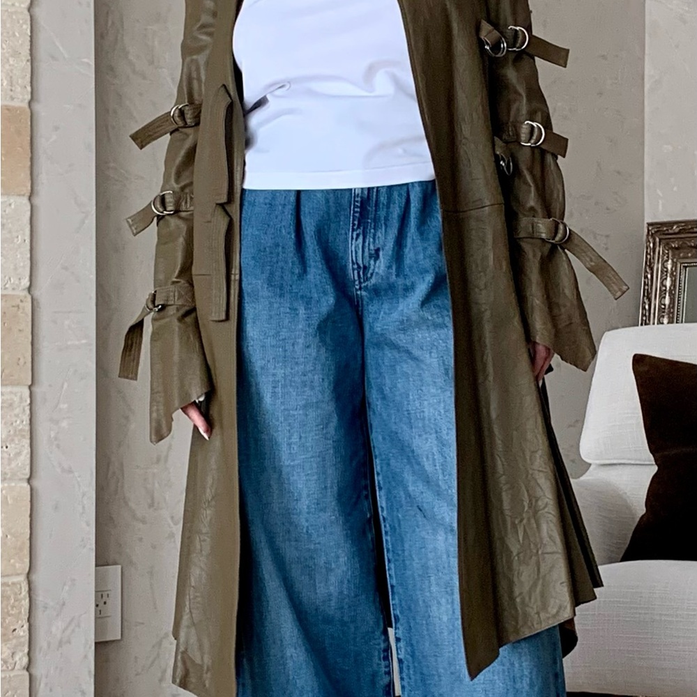 Versace Lasercut Wool leather Coat with Leather Bondage Strap